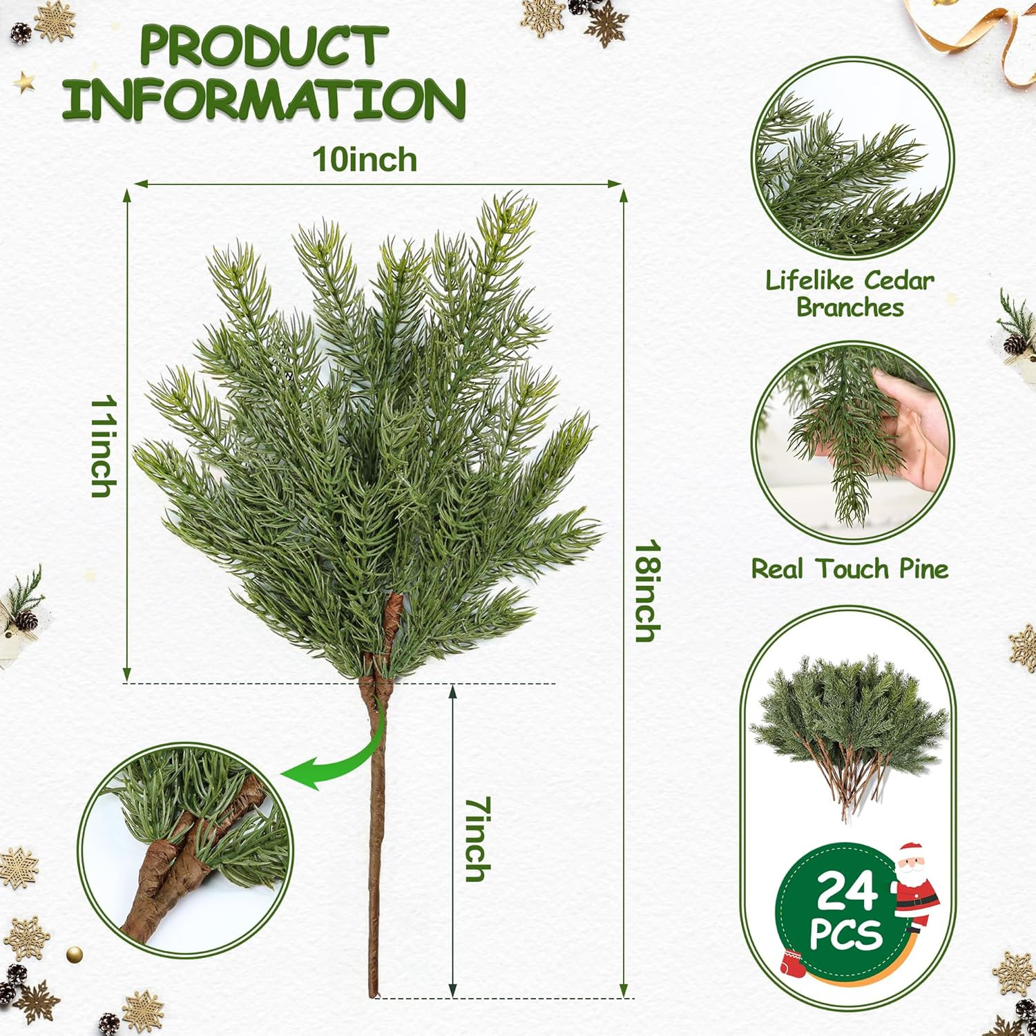 24 Pcs Christmas Pine Branches – 18″ Realistic Artificial Greenery Pine Stems –