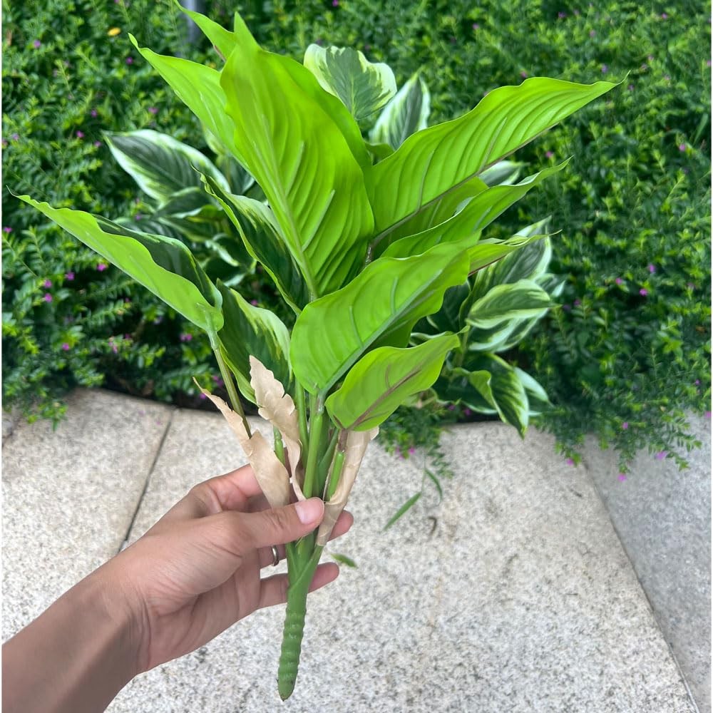 4 Bushes Perennial Hosta Artificial Variegated Green Leave Plant 15.7″ Faux D…