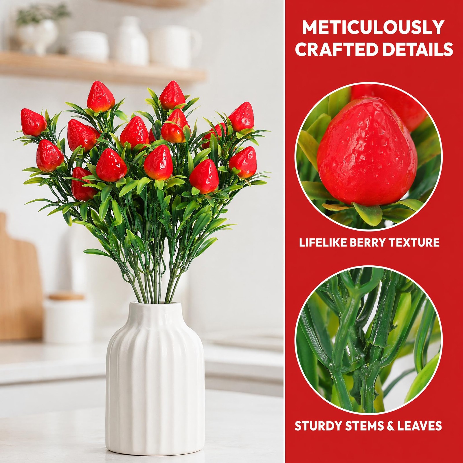 9 Pcs Artificial Strawberries for Decor, 11.8″ Fake Strawberry Branches Flowe…