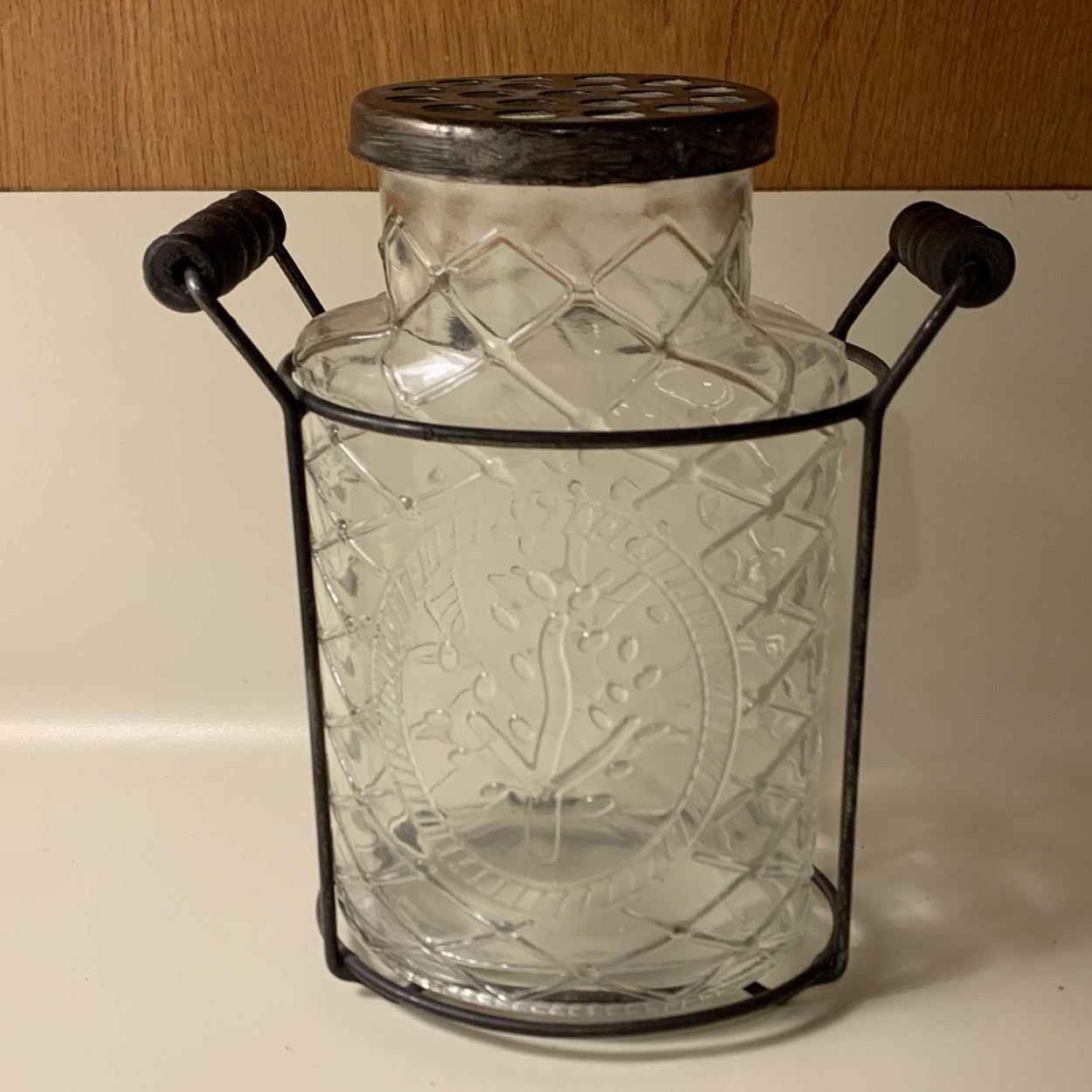 Vtg Tree Embossed Flower Arranging FROG Vase Glass Jar Metal Lid Wood Accent