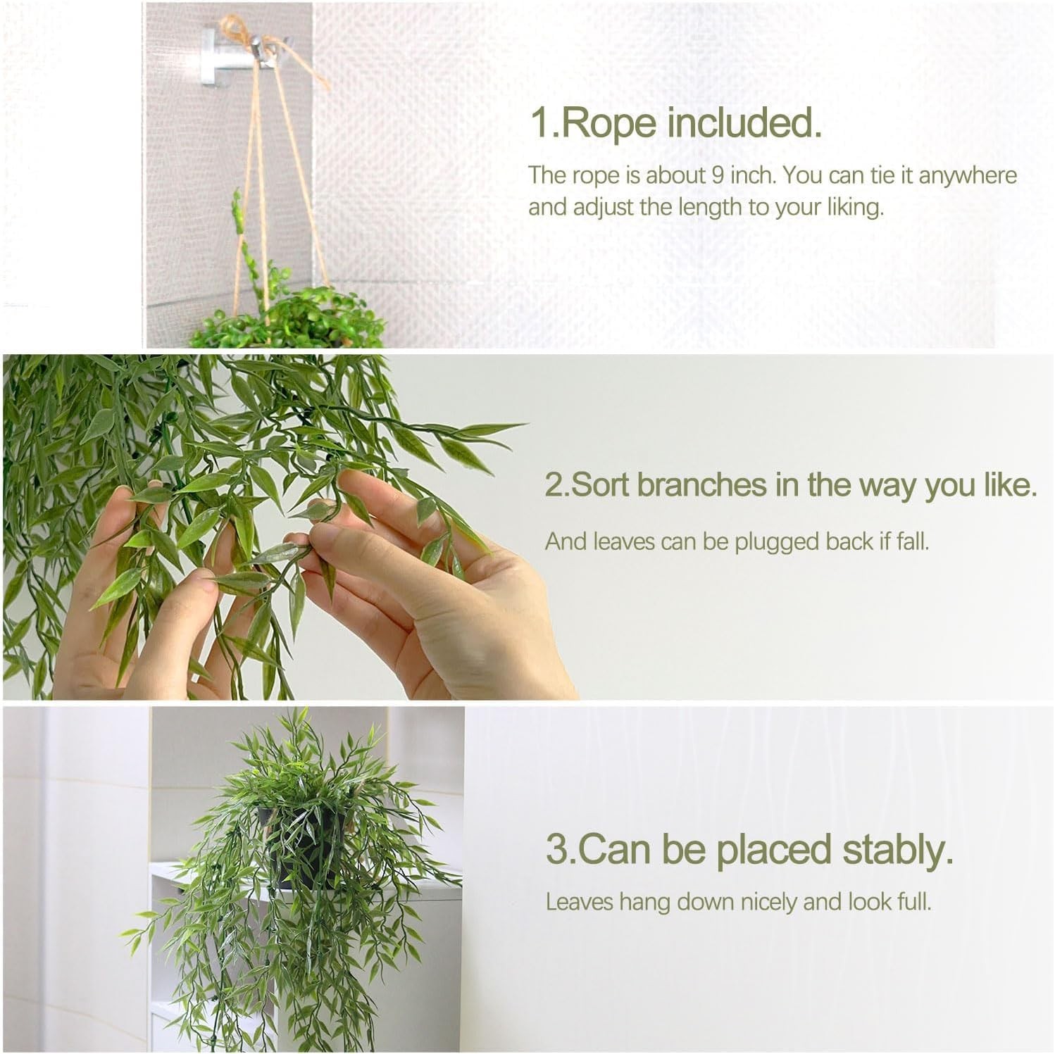 3 Packs 20″ Fake Hanging Plants with Black Pots for Wall Decor