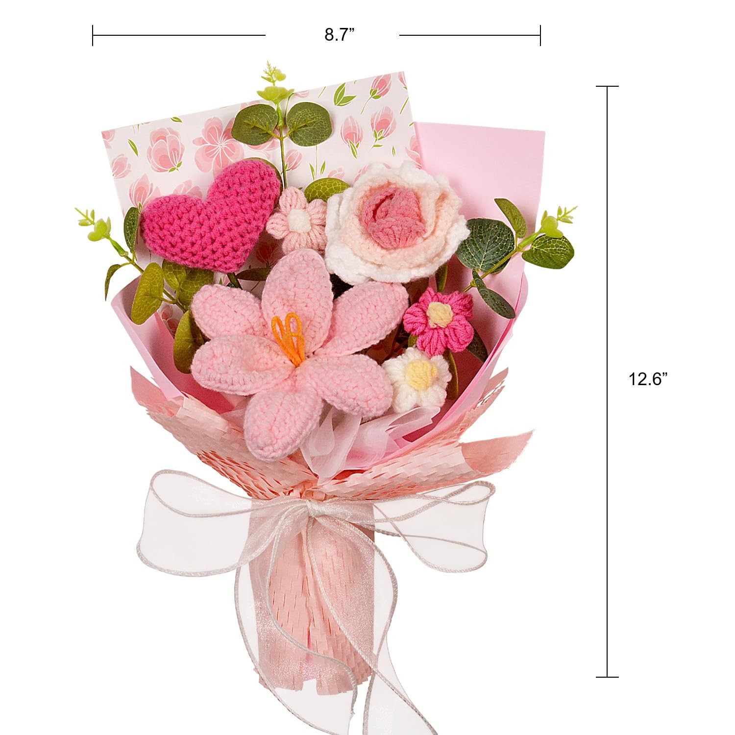 Pink Crochet Flower Bouquet Tulip Rose Daisy Knitted Gift Valentines Day