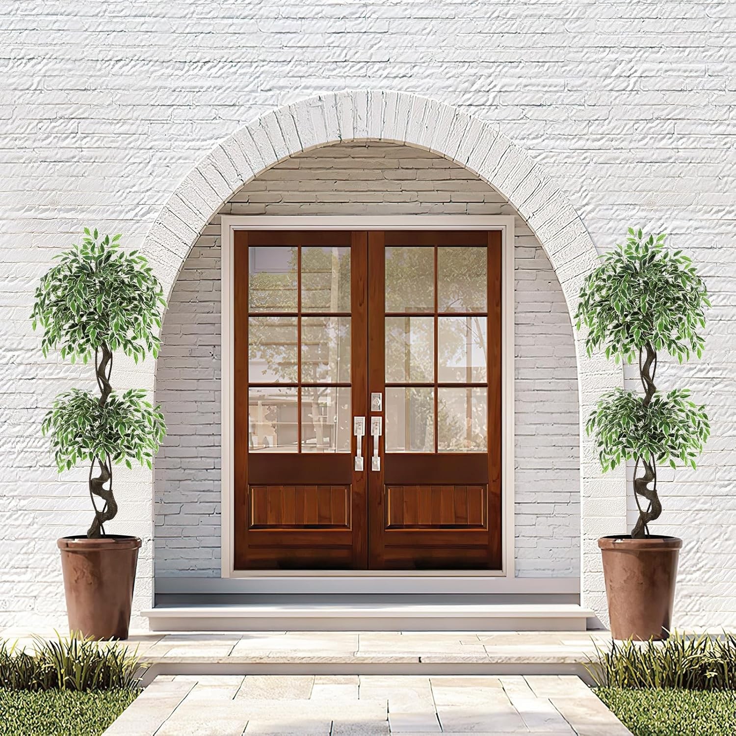 GRAVEE 5ft Artificial Ficus Tree Tall Fake Indoor Plant White Planter Pebbles