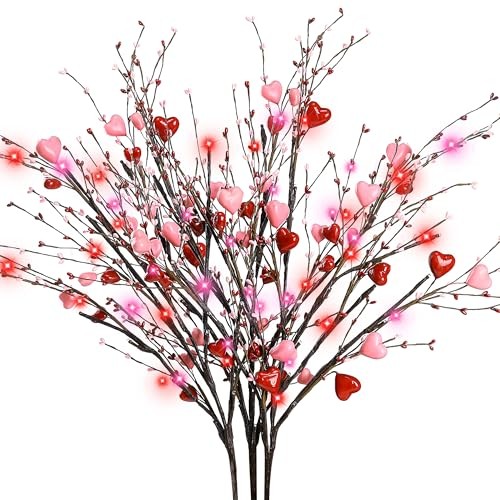 3Pcs 30″ Valentine’s Day Heart Branches Tall Artificial Stems with Red and