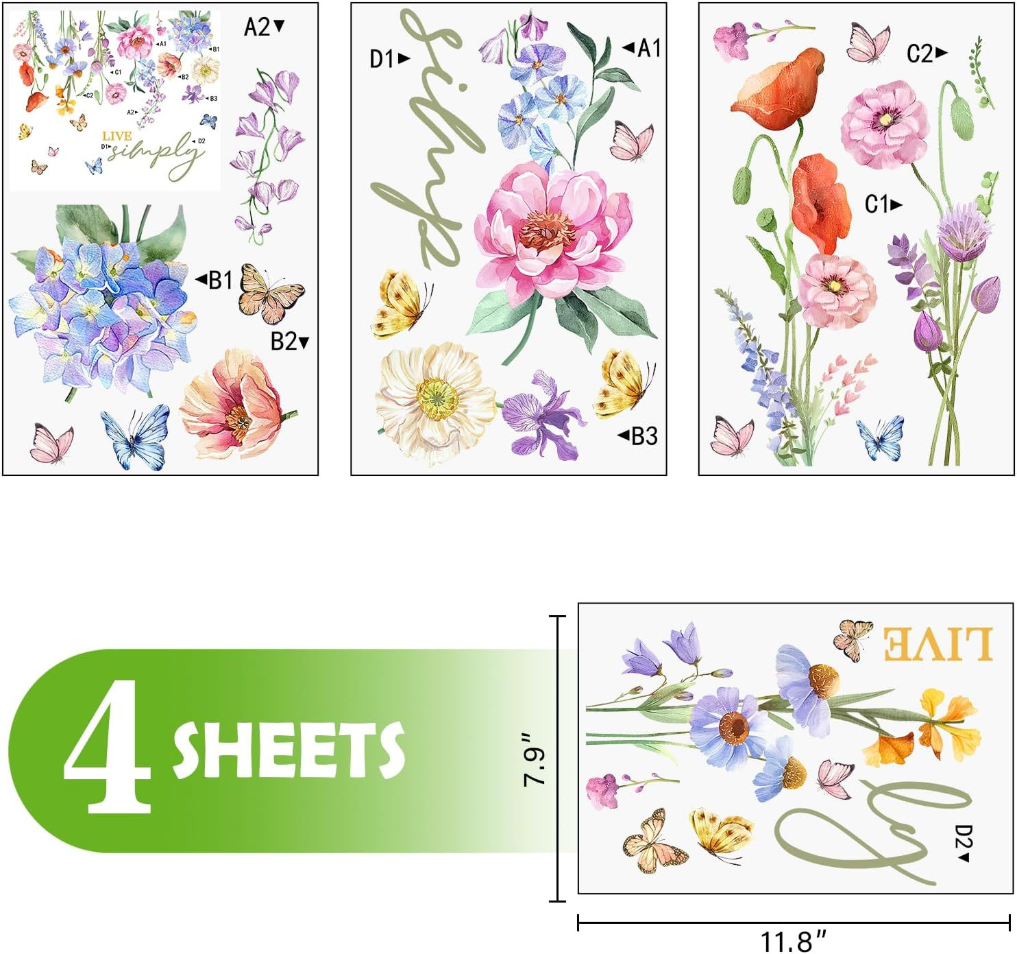 Watercolor Floral Window Clings, Live Simply Flowers Hydrangea Peony Poppy Daisy