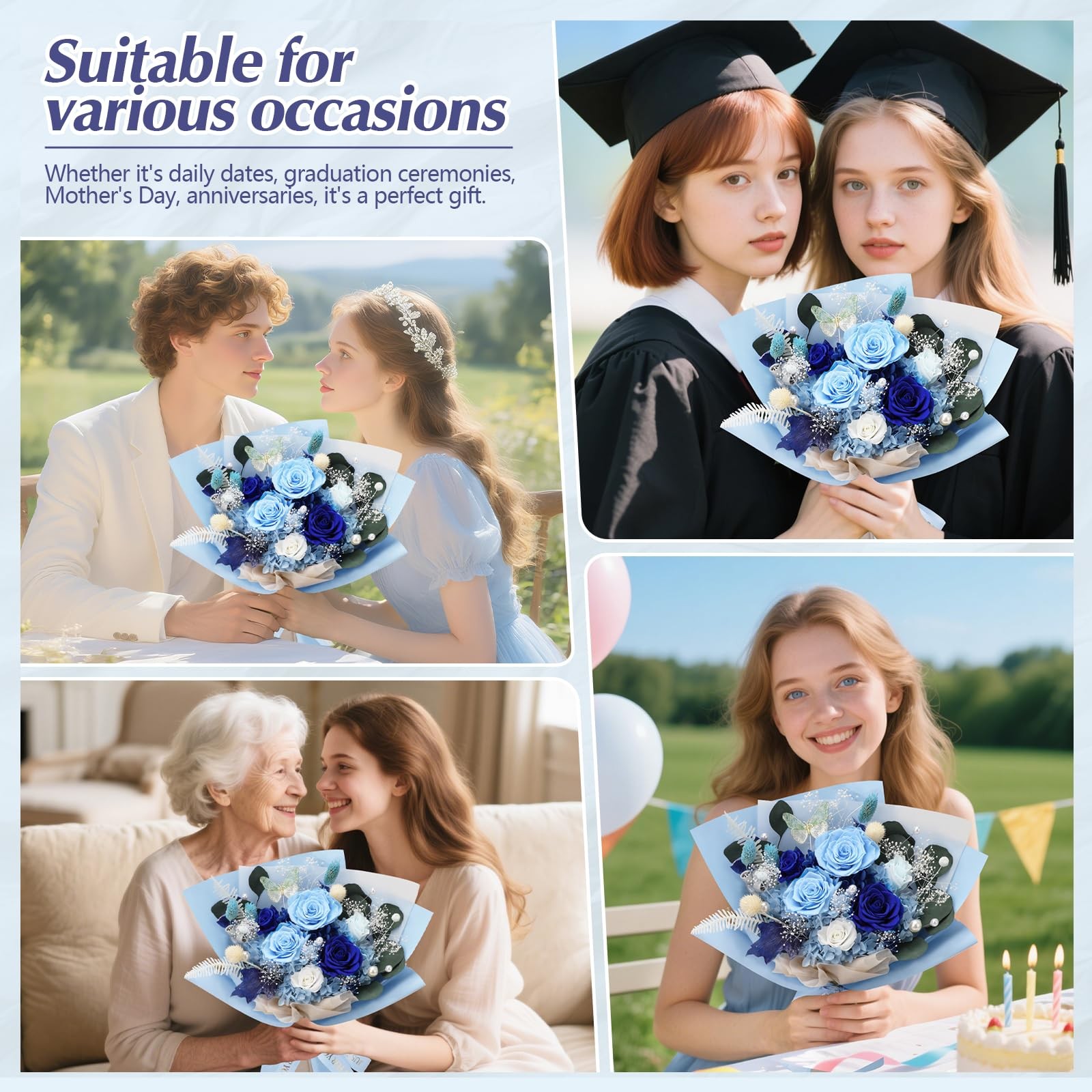 Preserved Flowers Delivery 6 Blue Roses Bouquet Real Long Lasting Forever Gift