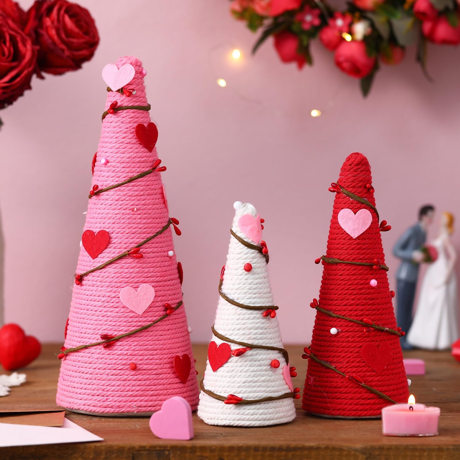 3 PCS Valentine Tree Table Decor Artificial Cone Heart Red Pink White