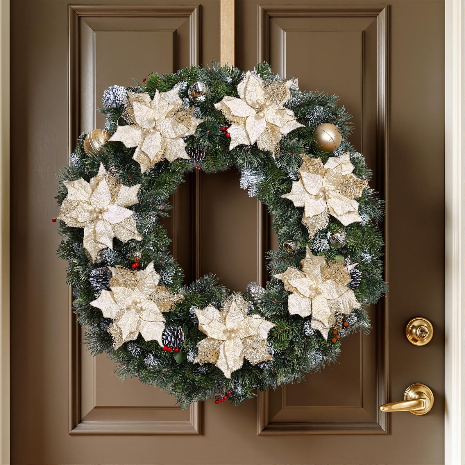 10 PCS Poinsettia Christmas Flowers Artificial, Large Size 9 Inch Glitter Poi…