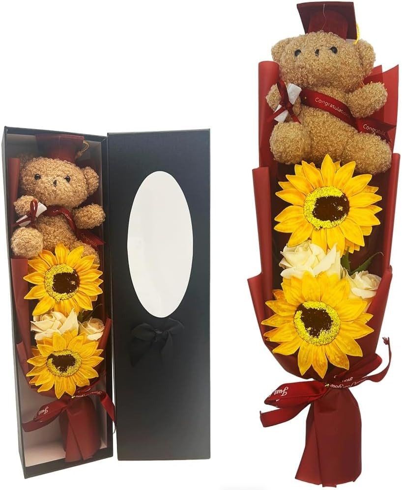 2026 13″ Graduation Bear Bouquet Rose Sunflower Scented Soap Flower Bouquet Mini