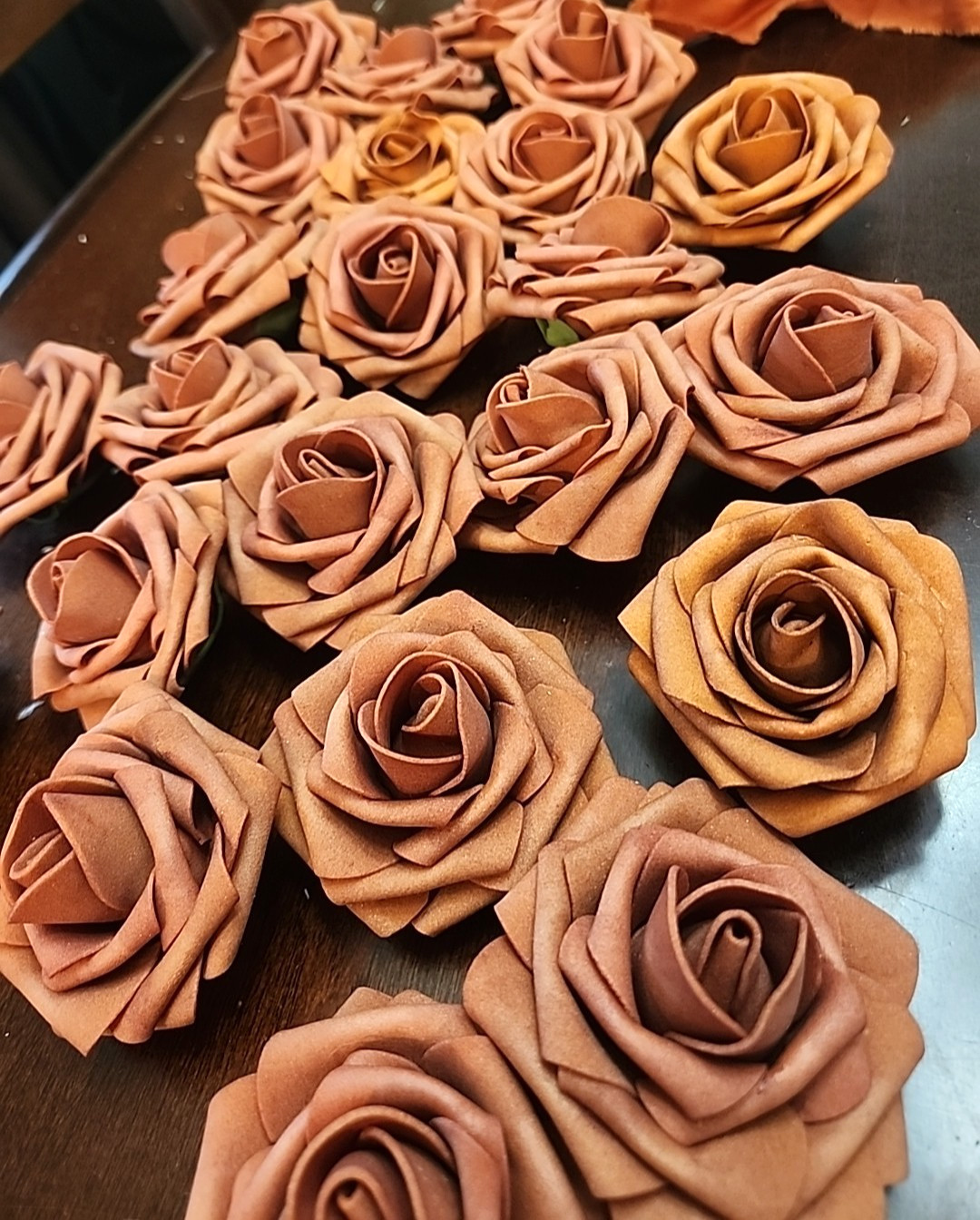 21 Foam Flower Blossom Heads Roses Terracotta Sunset & Burnt Orange Stemless
