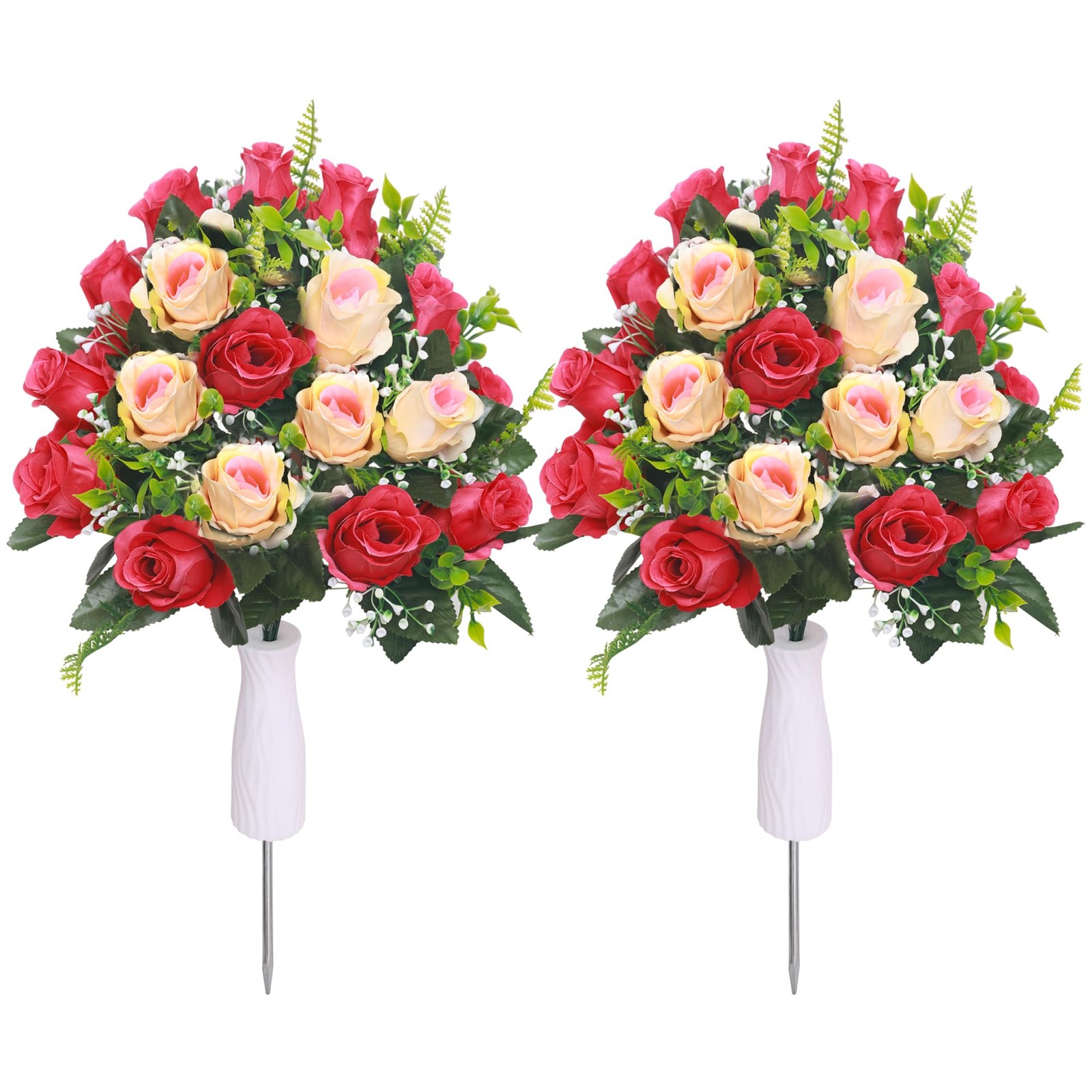 2 Sets Artificial Cemetery Flowers, Vase, Rose Bouquet, Red, Beige, Memorial