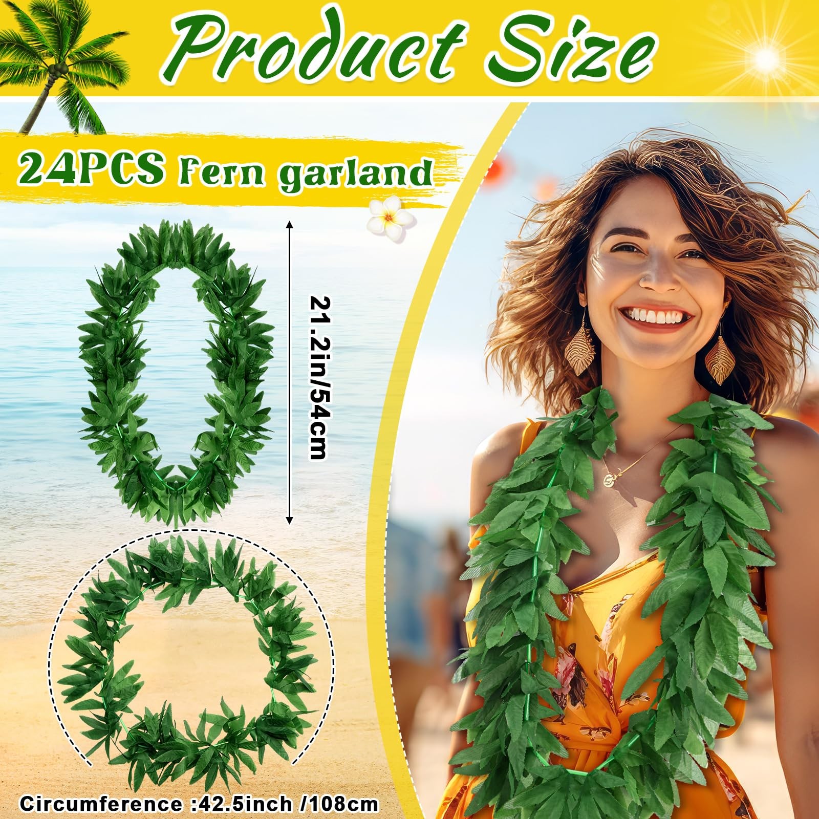 24 Pcs Tropical Green Leis Fern Leaf Necklace Green Fake Hawaiian Leis Artifi…