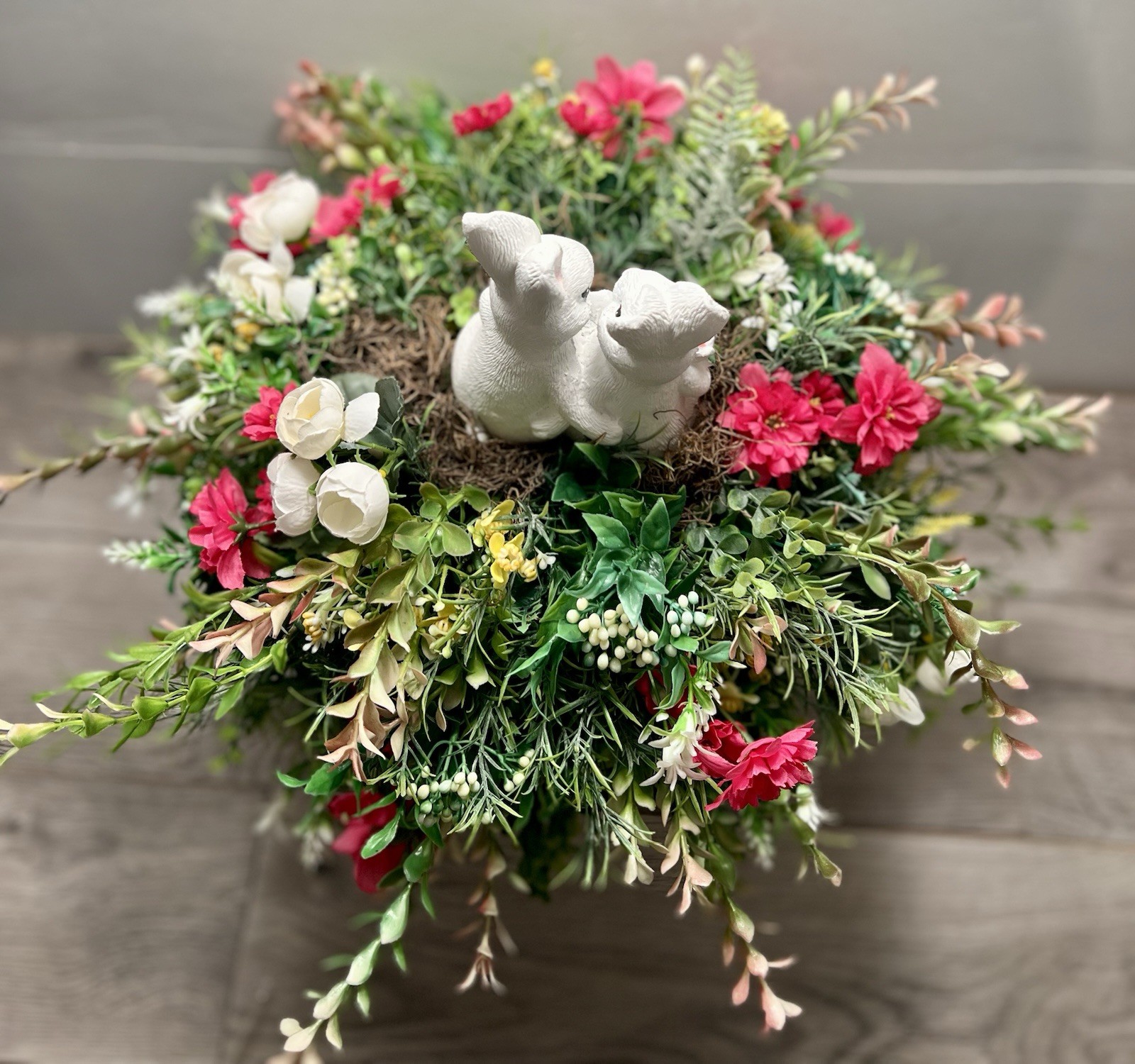 Spring Easter Candle Stick Floral Arrangement Greenery Flowers Rabbit