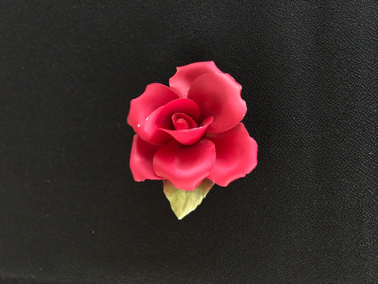 VINTAGE PORELAIN RED ROSE FLOWER WITH GREEN LEAF, ITALY