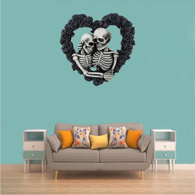 Halloween Gothic Couple Skull Wreath Heart Black Rose Skeleton Lover