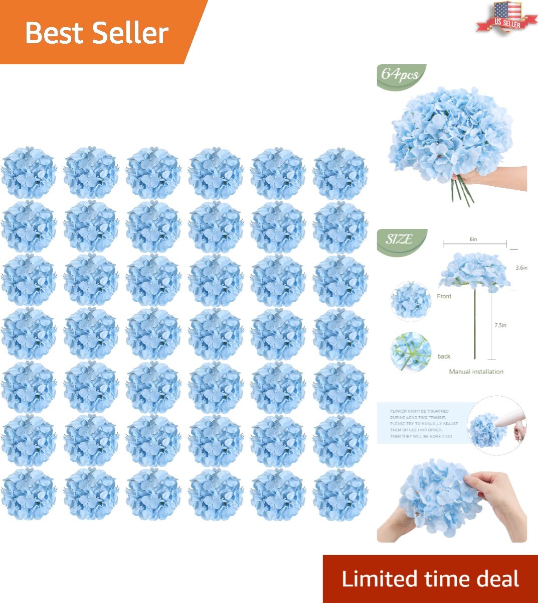 Luxurious 64-Pc Blue Artificial Hydrangea Set for Timeless Wedding & Party Decor