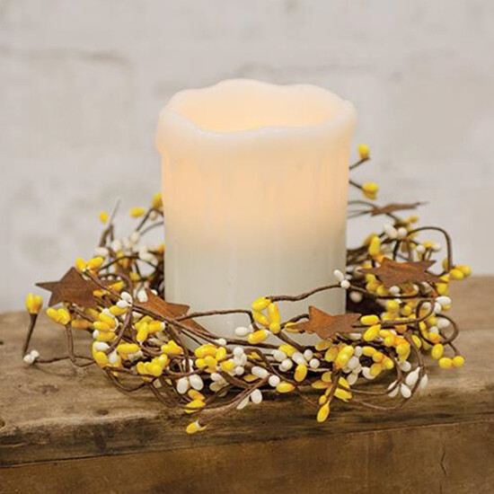 Pip Berry in Yellow & Cream w/ Rusty Tin Stars Candle Ring / Wreath 4″ Diameter