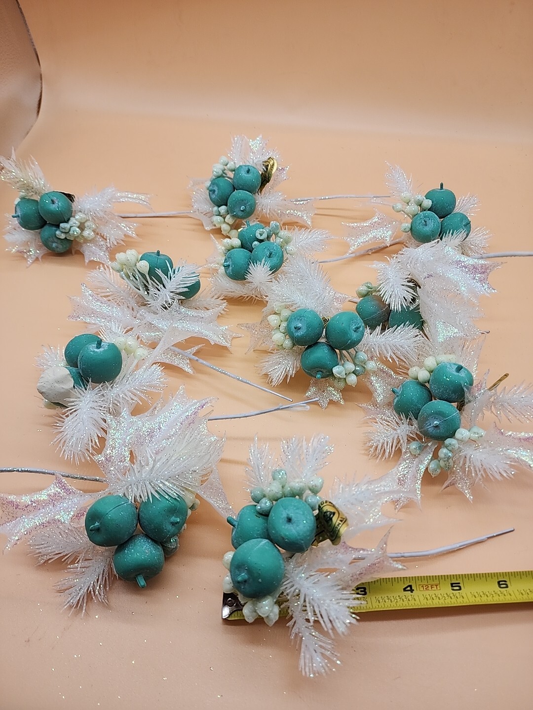 Lot of 11 Regency International Glittery 7″ Teal Apple Christmas Spray Stems NOS