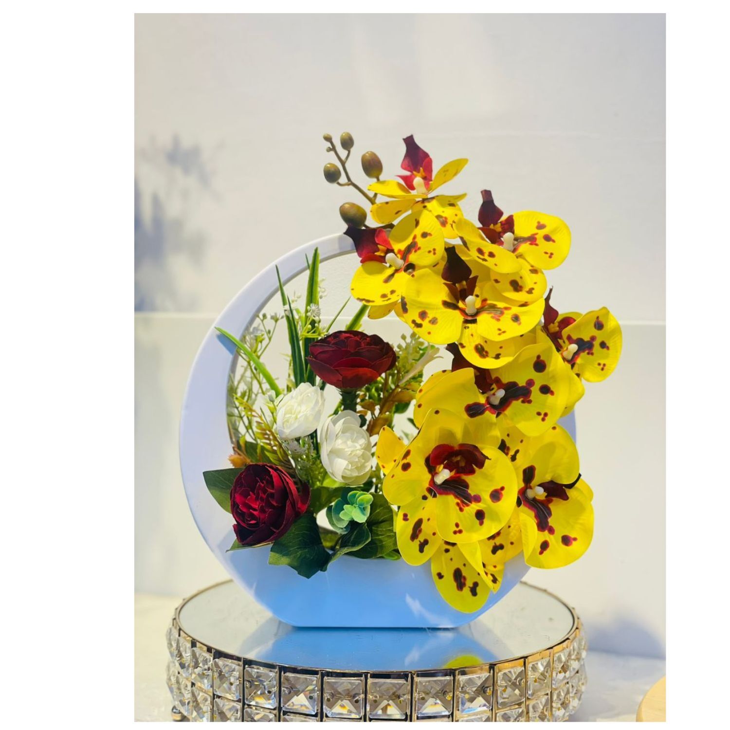Artificial Phalaenopsis Latex Orchid Flowers Arrangement with White Purple Vase