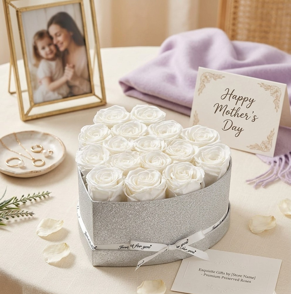 Forever Rose Gift Box – 16 Preserved Roses for Mom – Heart Shaped Elegant Gift