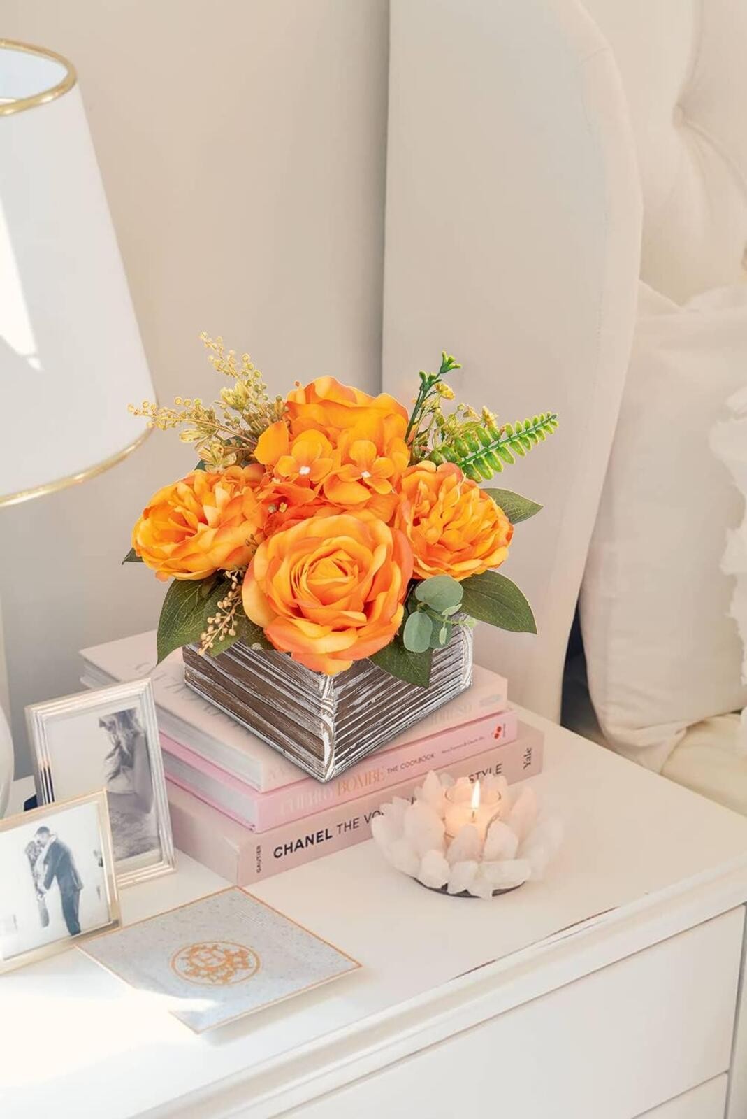 Artificial Flower Arrangement, 8” Orange Roses Peonies Hydrangeas in Wooden