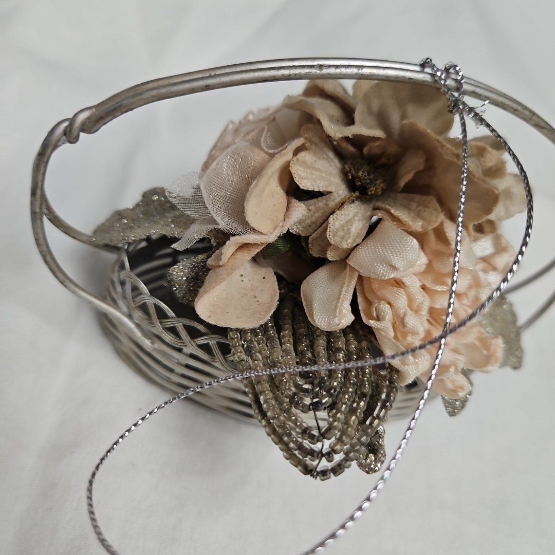 Silver Metal Flower Basket with Beaded Leaves & Velvet Flowers