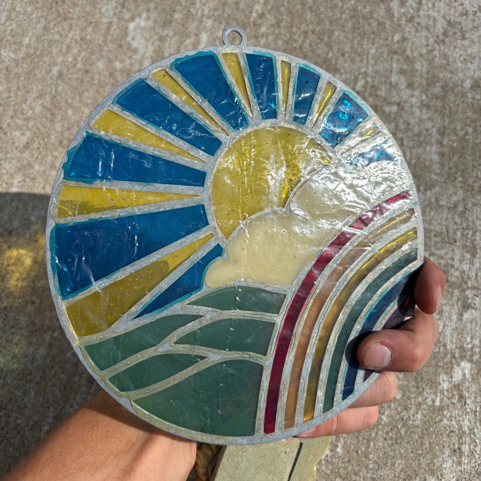 Vintage Sunrise Rainbow Sun Catcher Stained Glass Style 7” Retro Handmade