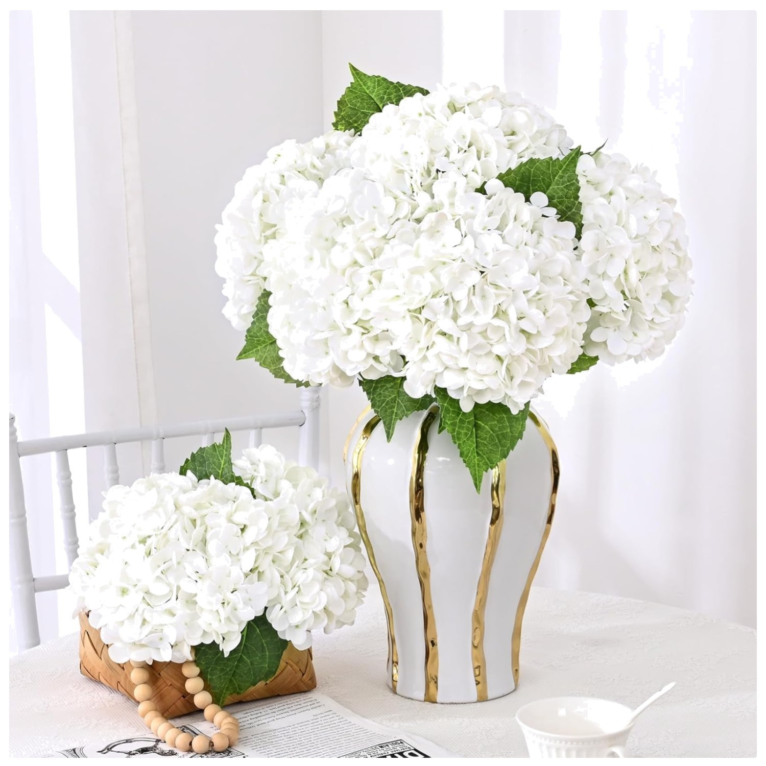 Real Touch Hydrangea Artificial Flowers, White, 6 Pcs
