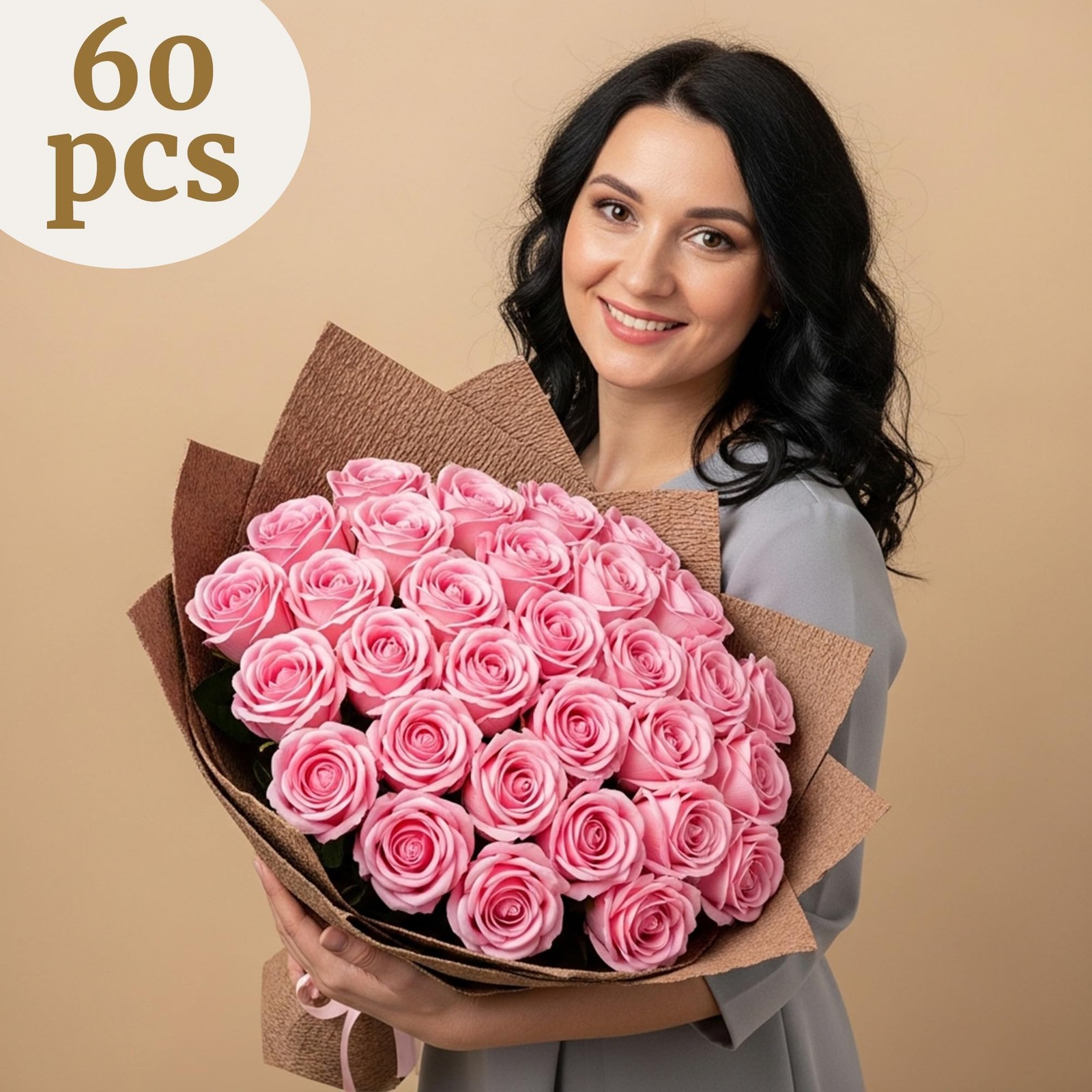 60 PCS Pink Roses Artificial Velvet Silk Realistic Flowers Wedding Bridal