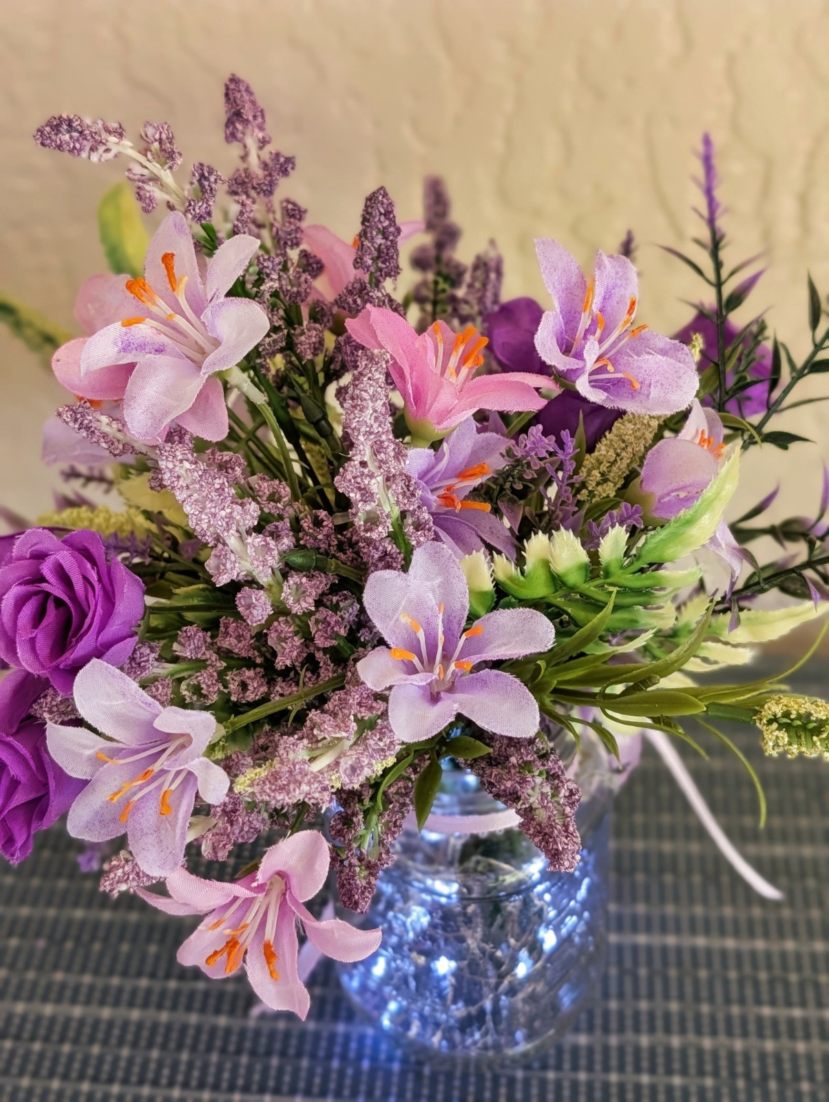 Purple Floral Arrangement, Mini Roses, Fressia, Lighted Mason Jar (Timer)