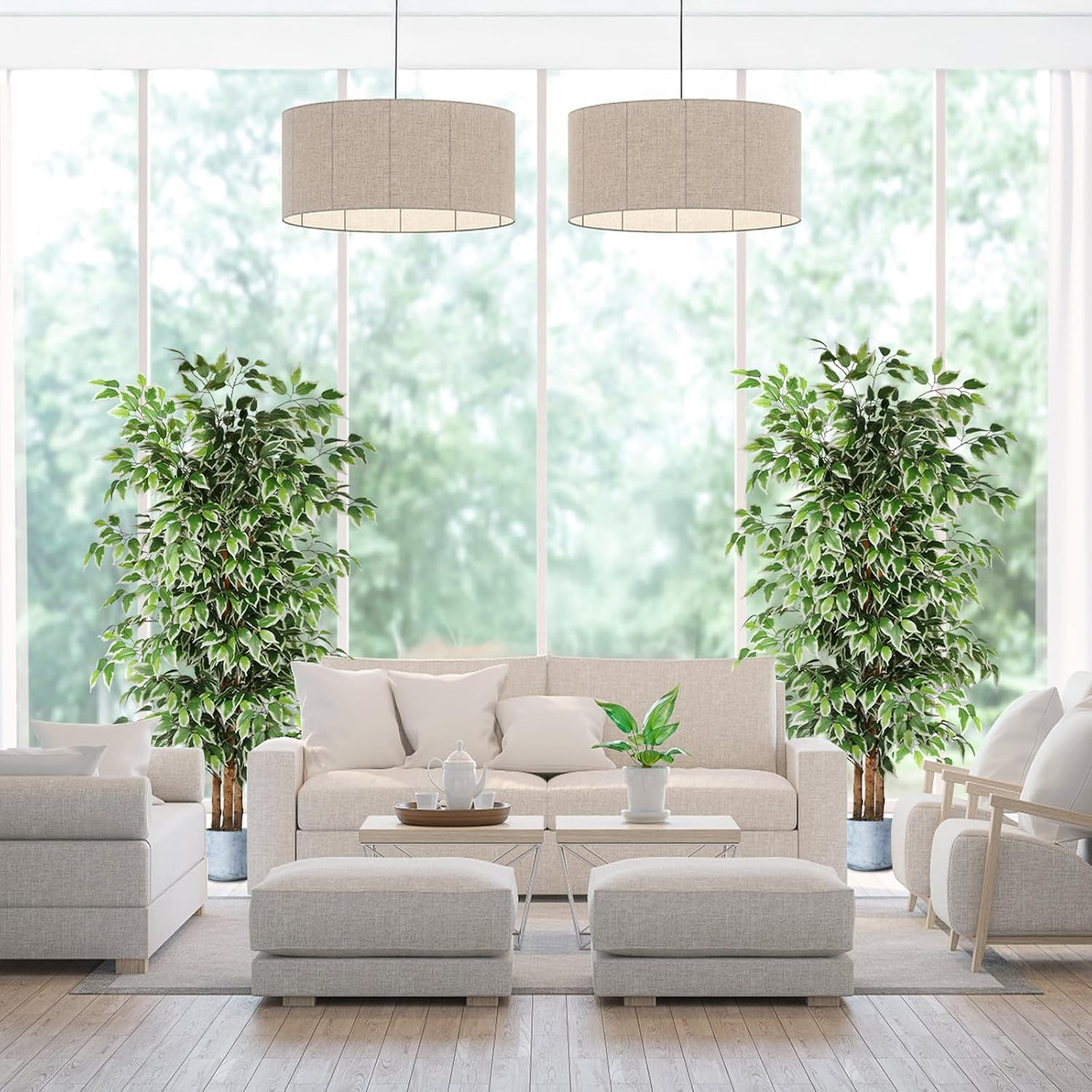 Artificial Ficus Trees 6 Feet Tall Indoor Outdoor Faux Plants with Natural Trunk