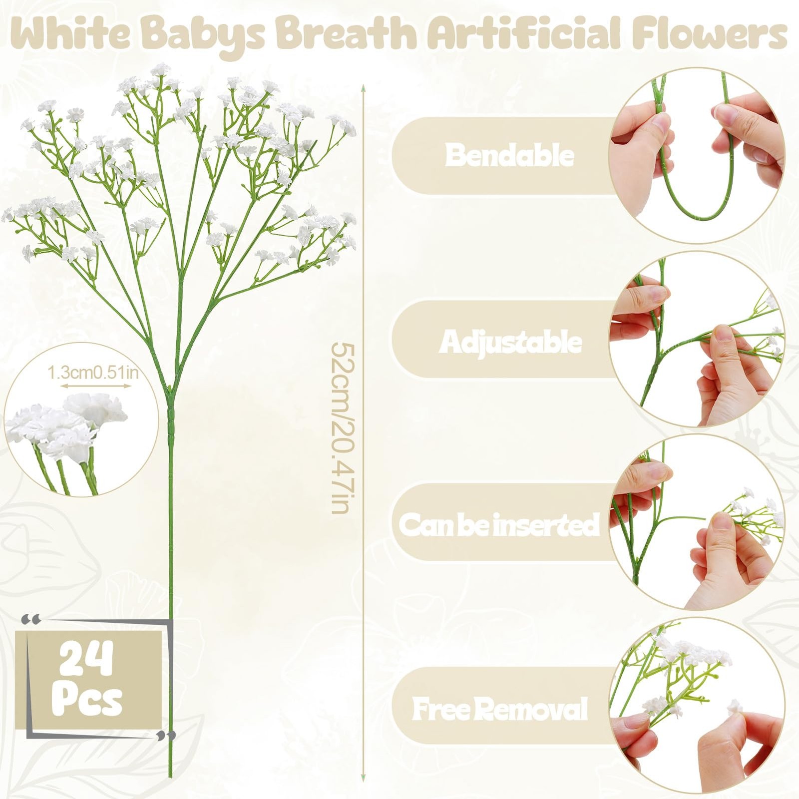 White Fake Baby Breath Artificial Flowers 20.5″ Real Touch Gypsophila 24 PCS