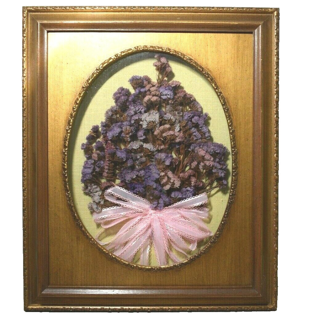 Dried Purple Statice Floral Wall Art Oval Gold Frame 19×16 Cottage Farmhouse VTG