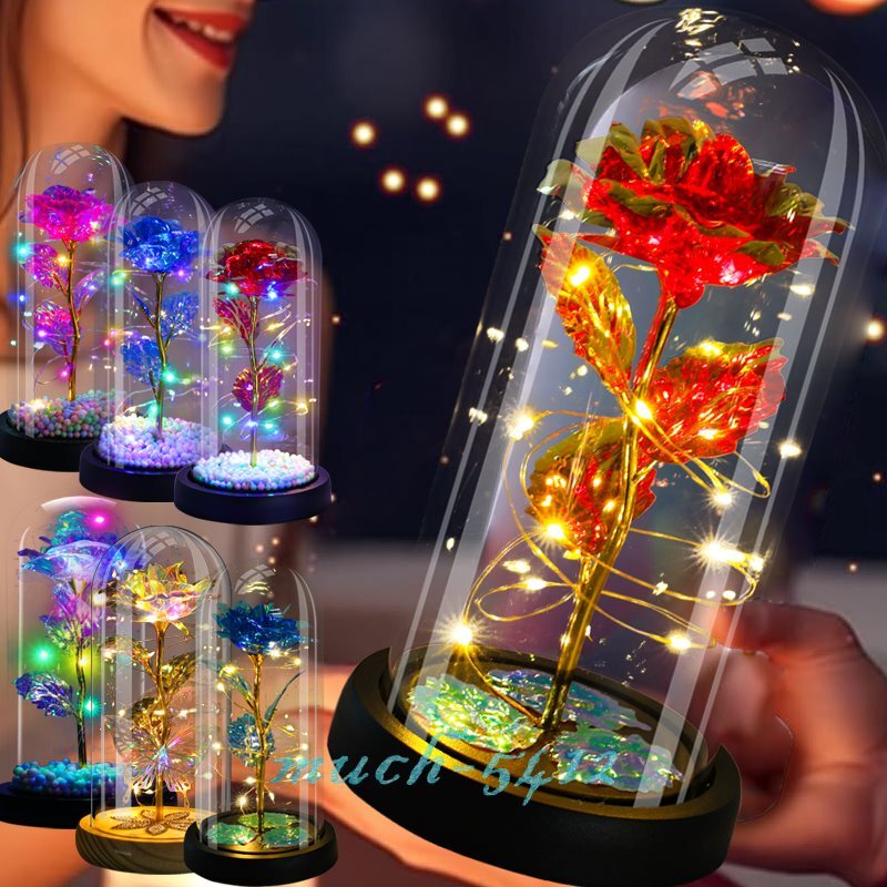 Preserved Eternal Gold Foil Rose In Glass Galaxy Flower Dome LED Light Gift Her