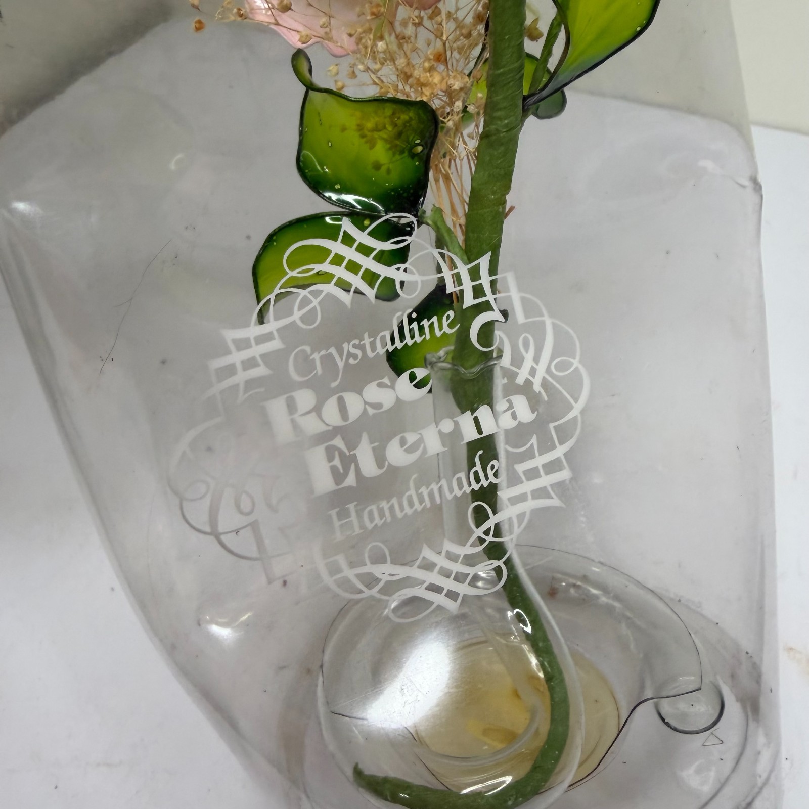 Vintage Crystalline Rose Eterna Handmade Glass Dome Taiwan Floral Display Decor