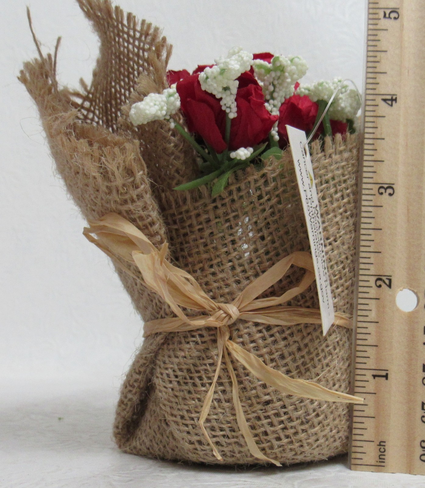 Rustic Faux Red Rose Floral Arrangement in Burlap Wrap – Small Decorative Accent
