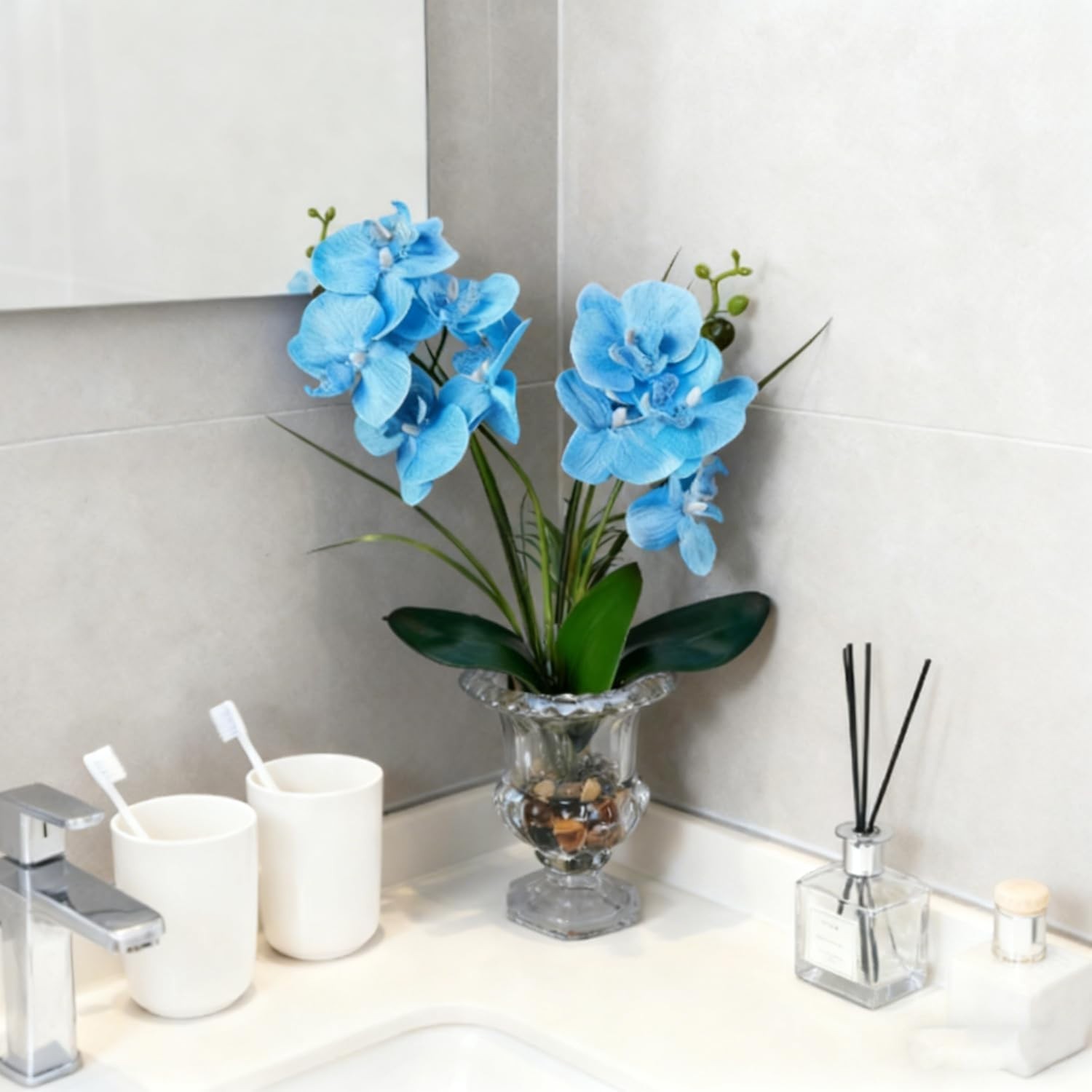 Elegant Artificial Blue Orchid in Weighted Glass Vase – 14.5 Inch Centerpiece