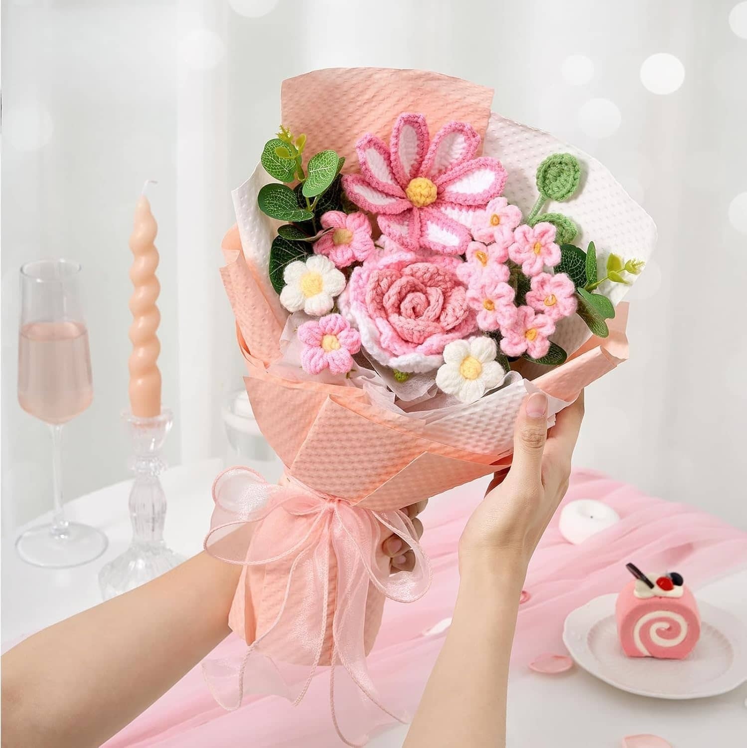 Pink Handmade Bouquet of Flowers for Lover Anniversary Birthday Party