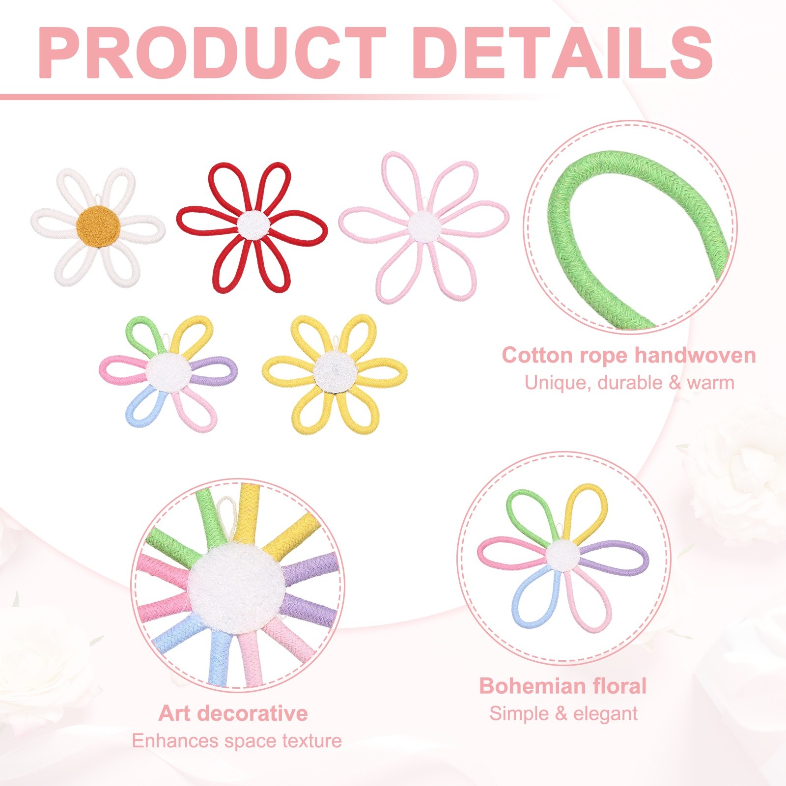 3 Pcs Daisies Floral Wall Decor 10″ Flower Art Decor Woven Macrame Multicolor