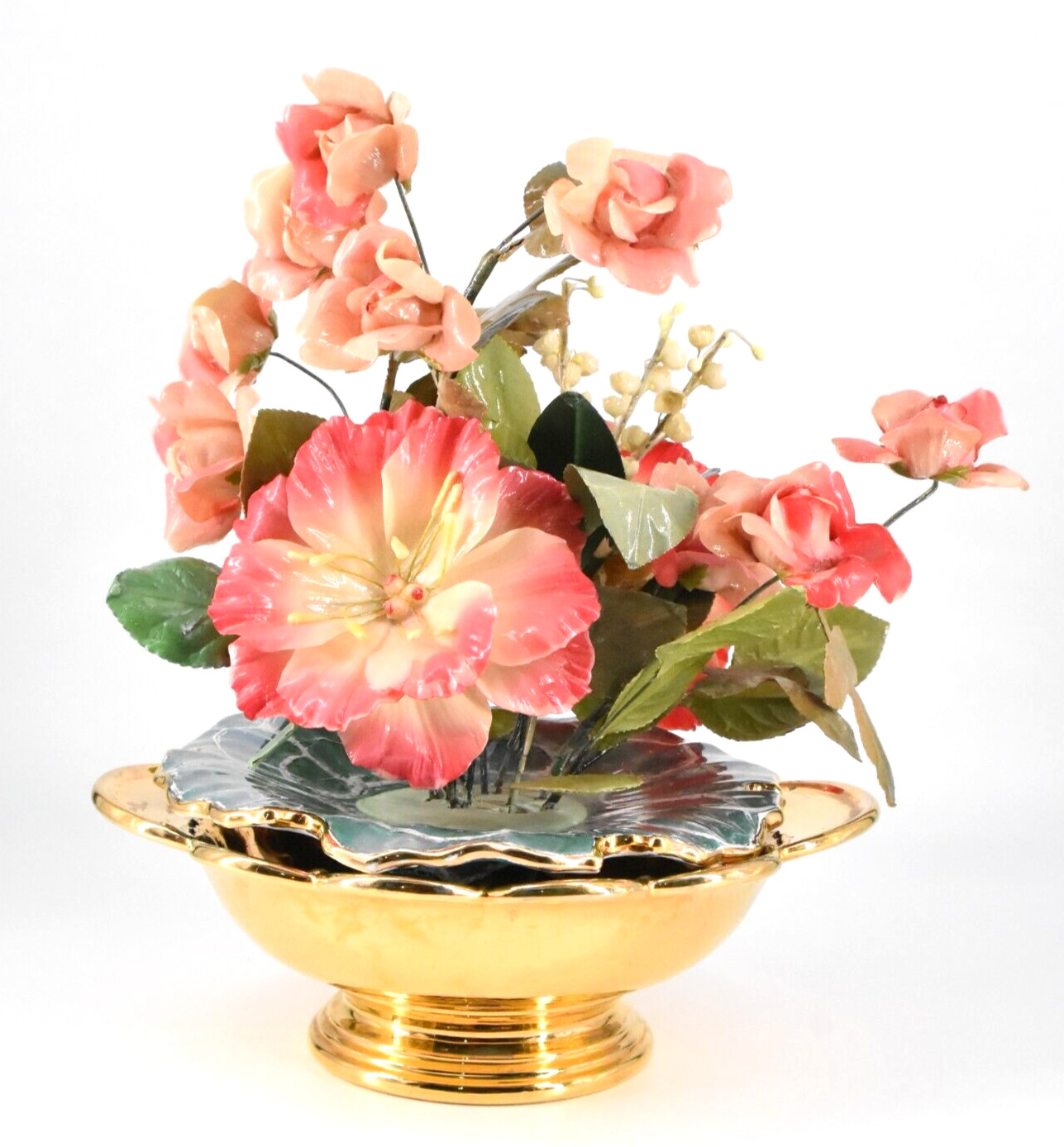VTG Pink Flower Arrangement Centerpiece Italy Turquoise Gold Ceramic Dish 14″