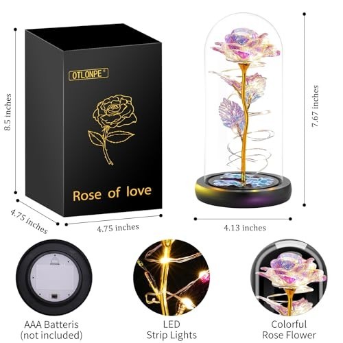 Artificial LED Rose Flower Glass Dome 7.7 Inch Night Light Home Decor Gift