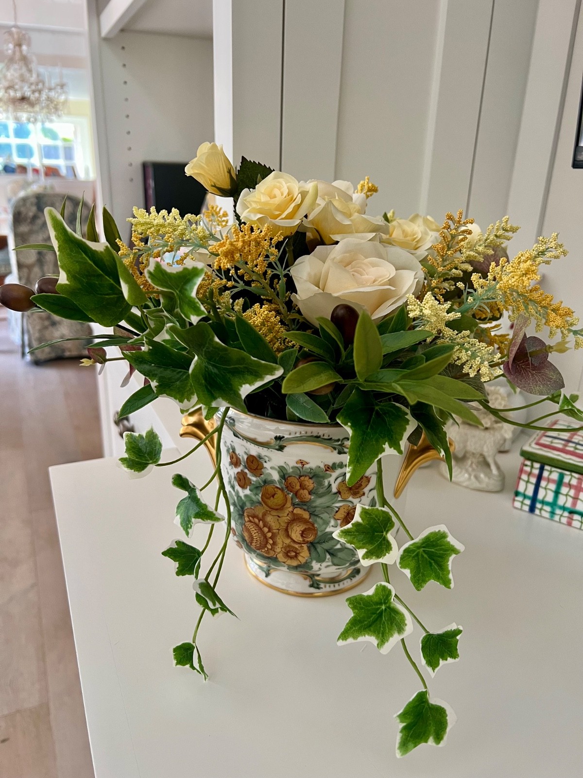 Floral Arrangement- Silk With Vase Antique Limoges Hand Painted w Roses & Ivy