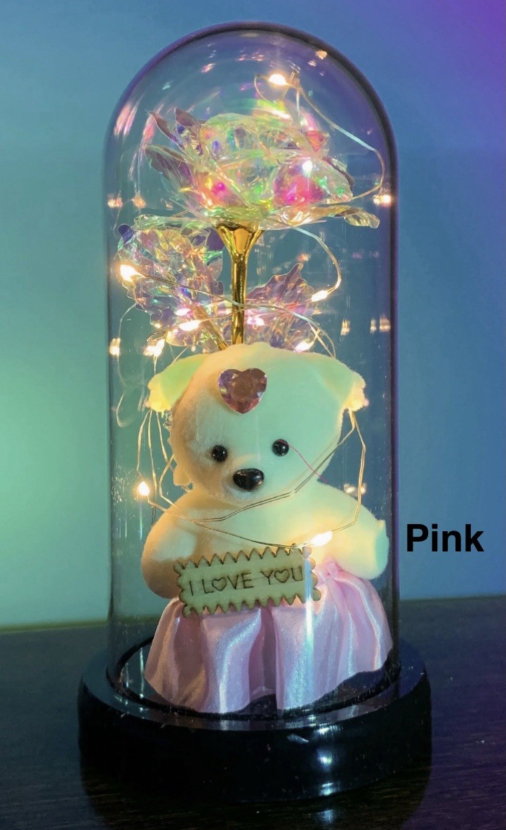 Teddy Bear Galaxy Rose Glass Dome Led Light
