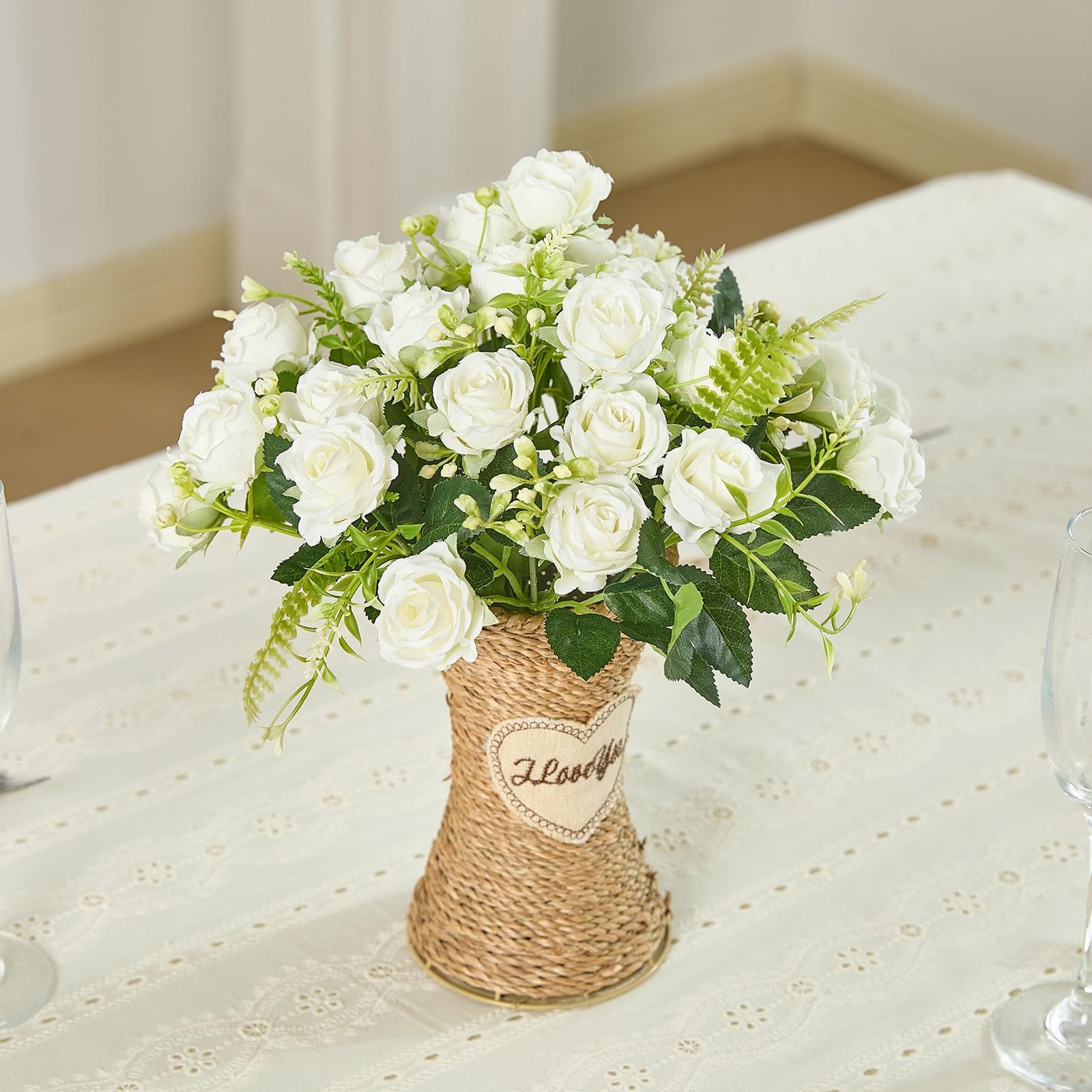 3 Bundles White Roses Artificial Flowers with Vase