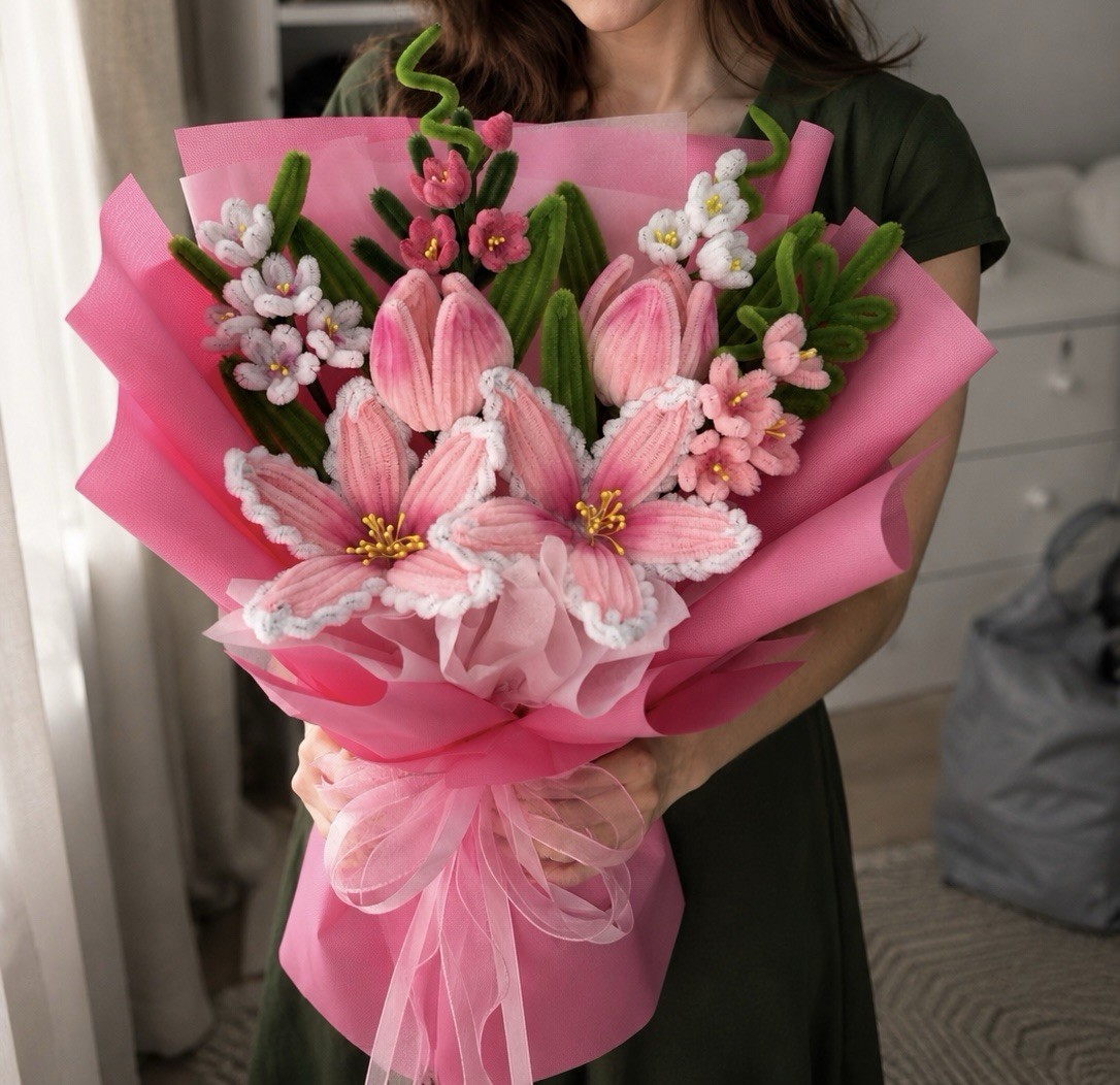 Handmade Artificial Lily Bouquet Pink White Green Large 17.5in