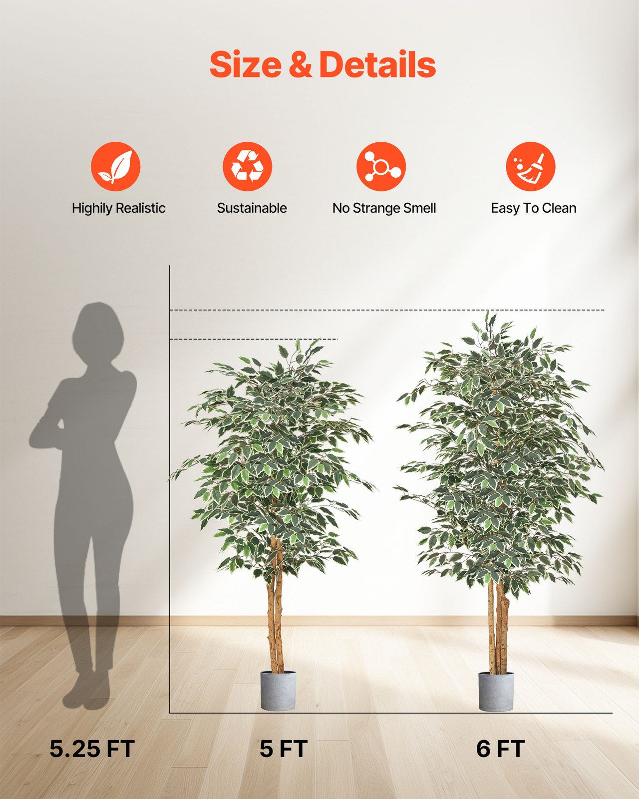 VEVOR 5FT Artificial Ficus Tree Tall Faux Plant with Black Pot for Indoor Decor