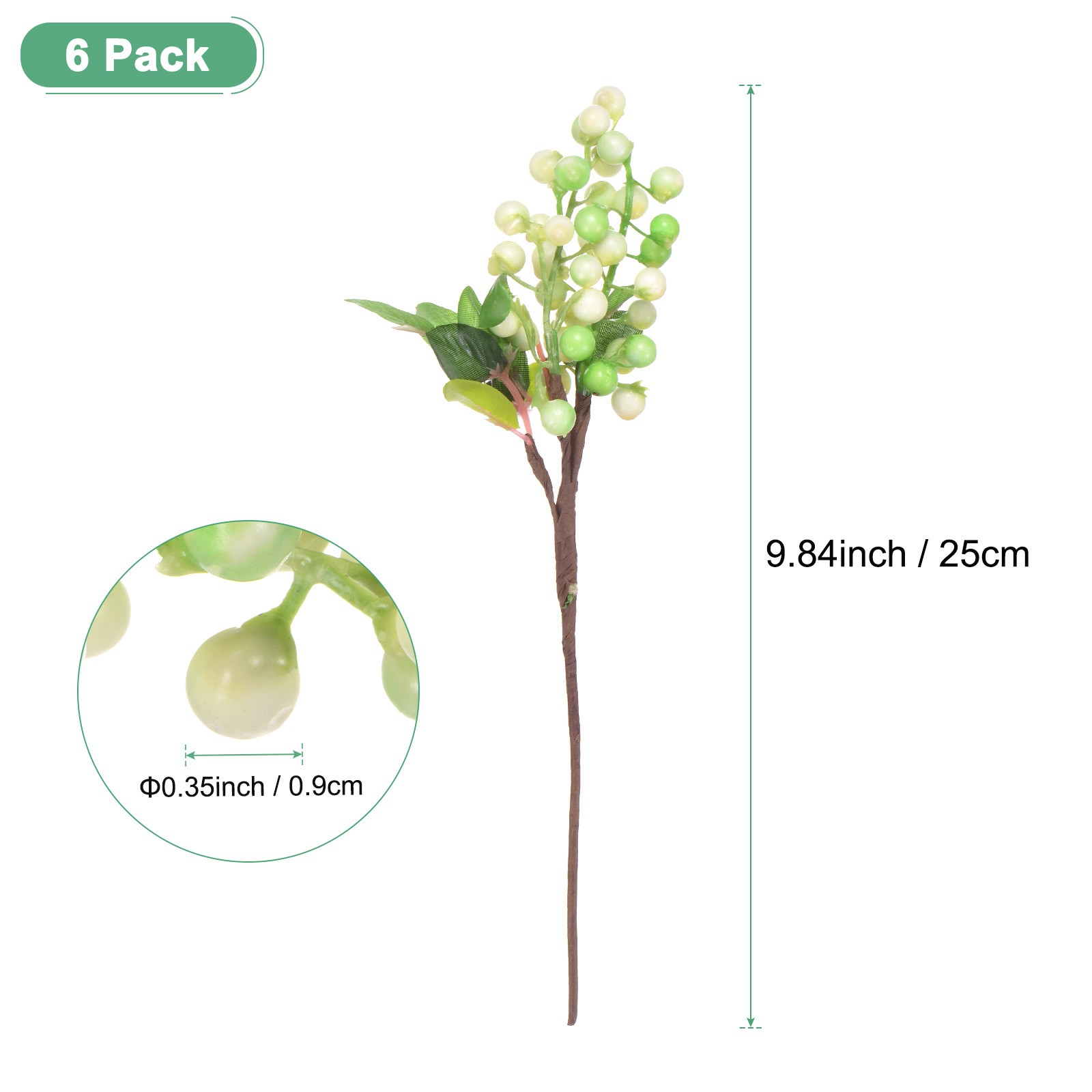 6-Pack Artificial Berry, 9.8 Inch for Home Decor/Wedding [White Green]
