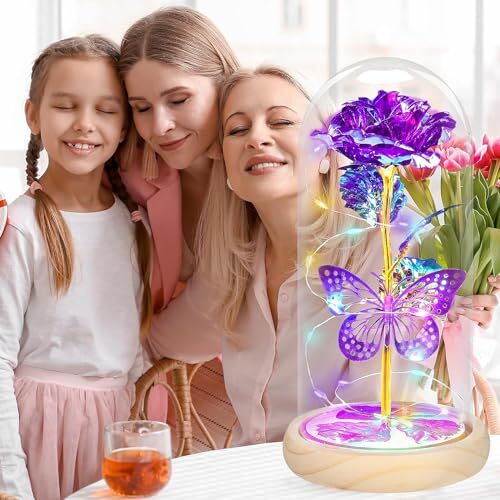 Mothers Day Glass Rose Light 01-purple Butterfly Flower Roses Gifts for Women