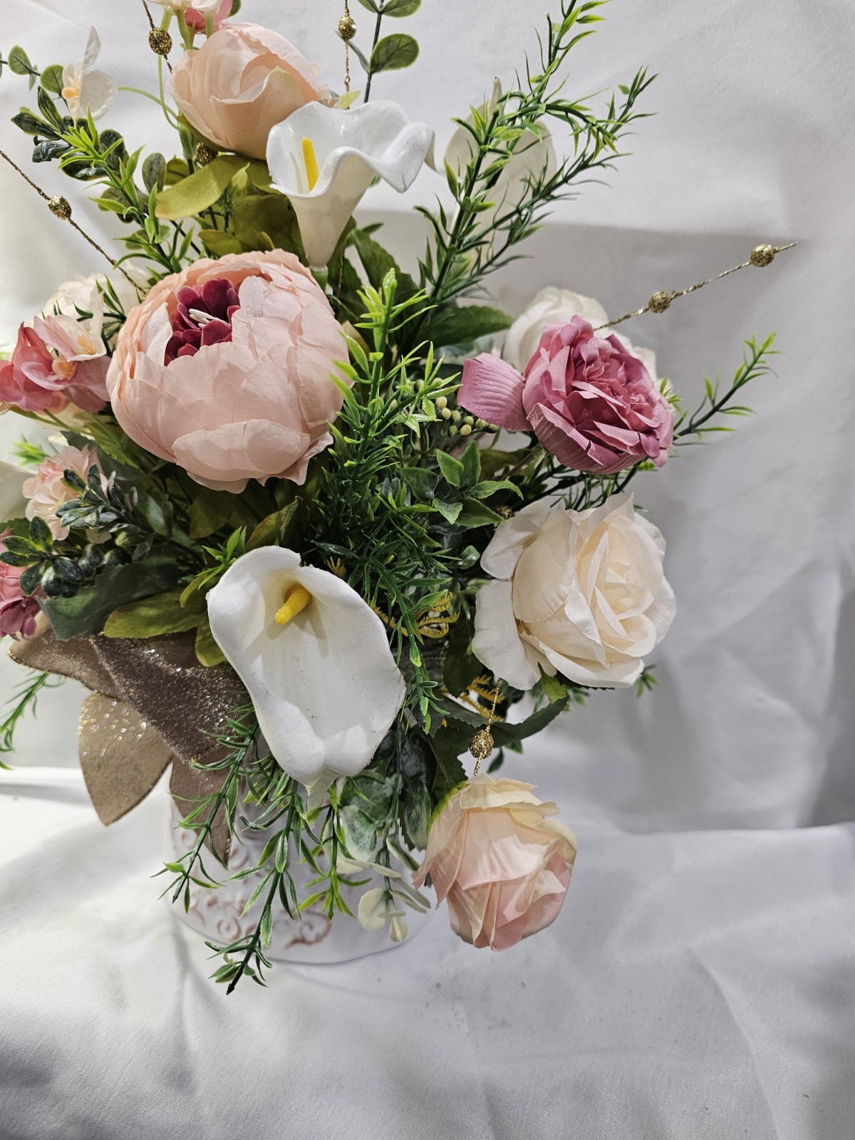 Artificial Flower Arrangement Peonies Calla Lilies Glistening Gold Accen & Vase