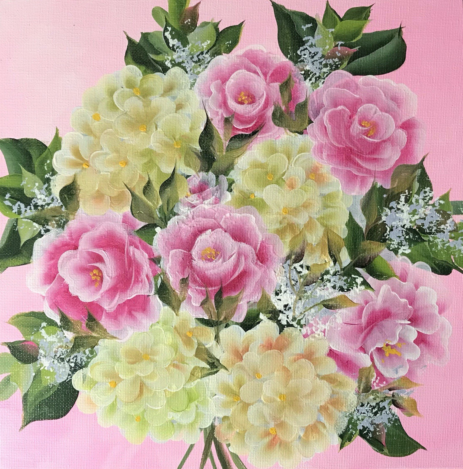 Shabby Chic PINK ROSES HYDRANGEAS ~10×10 Acrylic Painting~~Jann Mendenhall~~🌺🌺